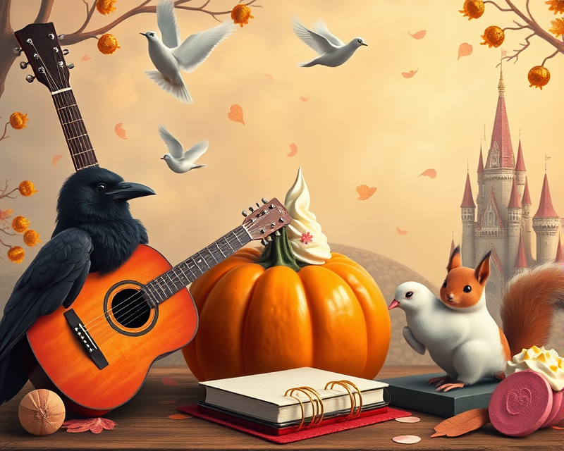 peach, raven, guitar, pumpkin, poodle, ice cream, dove, notebook, circle, squirrel, castle